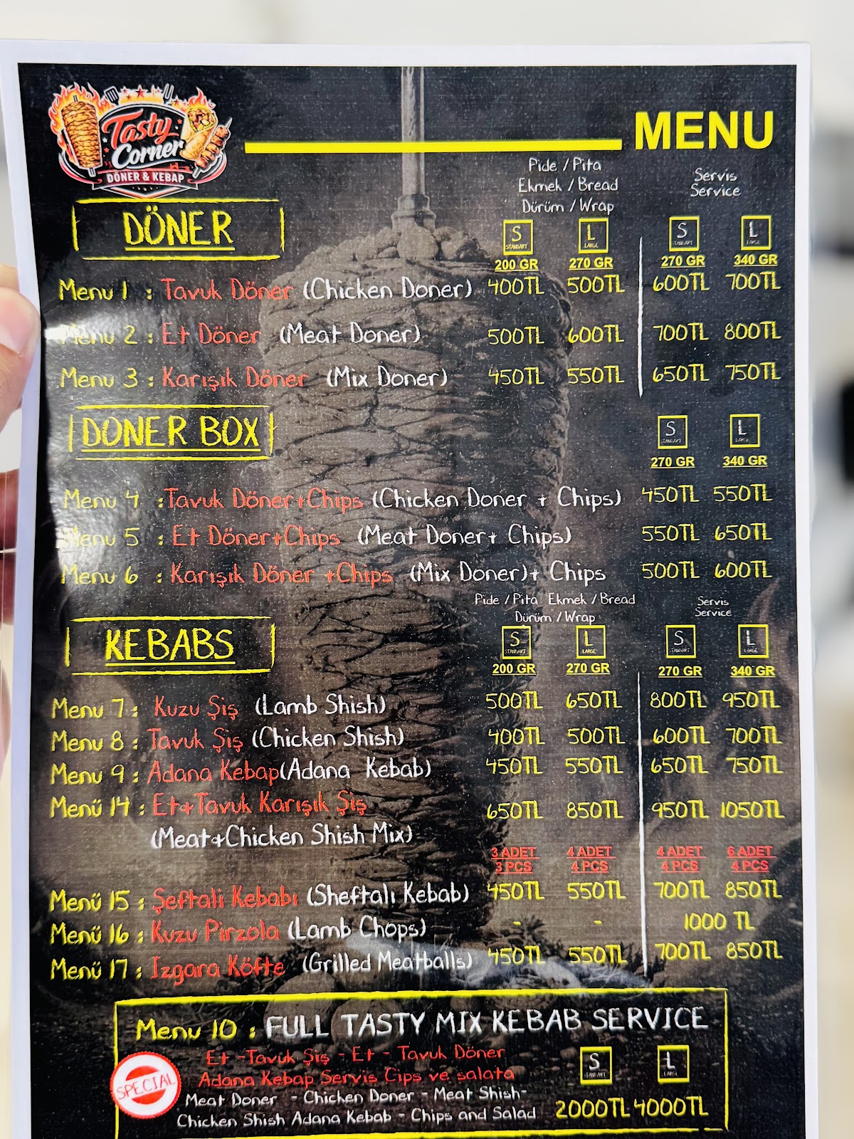 Basılı menü, döner ve kebap fiyatları